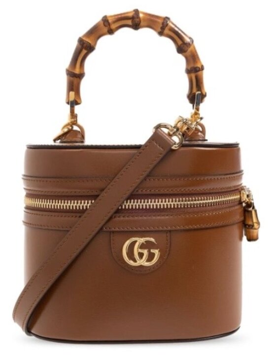 Gucci Handbags - Gucci Brown Leather Bamboo Top Handle Plaque Mini Vanity Bag Cross Body
